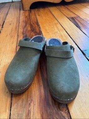 Lotta From Stockholm Olive Green Suede Clogs